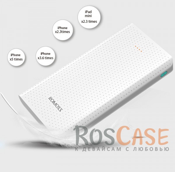 Дополнительный внешний аккумулятор ROMOSS Sense 10 (PHP10) (10000mAh) (Белый) Дополнительный внешний аккумулятор ROMOSS Sense 10 (PHP10) (10000mAh) (Белый)Описание:производитель - Romoss;совместимость - универсальная (смартфон, плеер, планшет и др.);материалы - ABS;тип - внешний аккумулятор. Особенности:емкость - 10000 mAh;вход - DC 5V 2.1A, выход - USB1 - DC 5V 1A; USB2 - DC5V 2,1A;толщина - 16 мм;вес - 194 г;на перфорированной поверхности не видны царапины и отпечатки пальцев;2 разъема USB;индикатор заряда батареи;кабель microUSB в комплекте.<br><br>Тип: Внешний аккумулятор<br>Бренд: ROMOSS