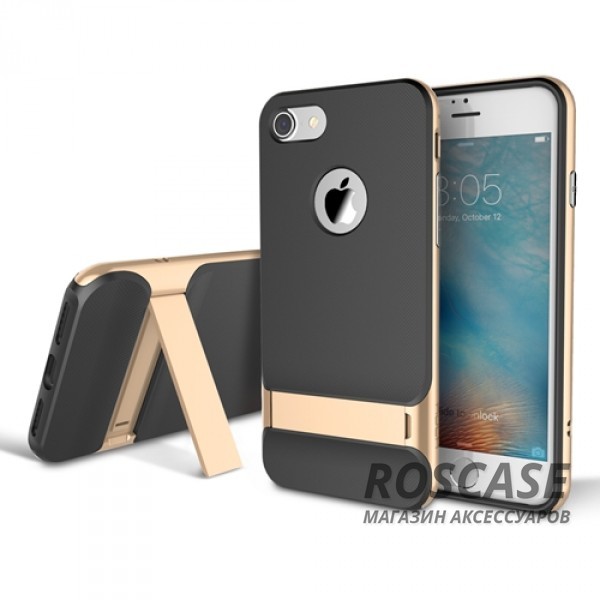 TPU+PC чехол Rock Royce Series с функцией подставки для Apple iPhone 7 plus (5.5) (Черный / Champagne gold) TPU+PC чехол Rock Royce Series с функцией подставки для Apple iPhone 7 plus (5.5) (Черный / Champagne gold)Описание:изготовитель: компания Rock;совместимость: смартфоны Apple iPhone 7 plus (5.5);произведен из термопластичного полиуретана и качественного поликарбоната;тип крепления: накладка;поверхность: частично матовая, частично глянцевая.Особенности:защищает от повреждений при падениях;имеет двойную конструкцию;имеет функцию подставки;позиционируется как аксессуар с интересным нетривиальным дизайном.<br><br>Тип: Чехол<br>Бренд: ROCK<br>Материал: TPU