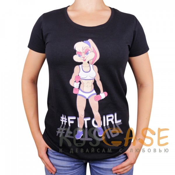 Фото Черный Muscle Rabbit | Женская футболка с принтом Лола Банни #FitGirl