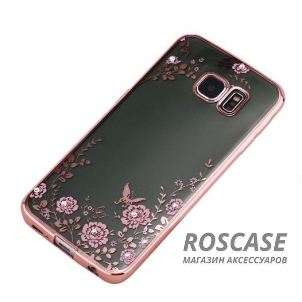 Фотография Розовый золотой/Розовые цветы Прозрачный чехол со стразами для Samsung G935F Galaxy S7 Edge с глянцевым бампером