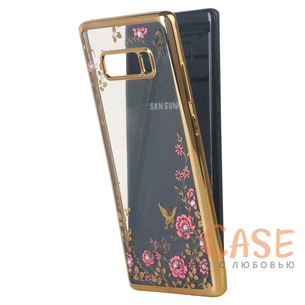 Фотография Золотой / Розовые цветы Прозрачный чехол со стразами для Samsung Galaxy Note 8 с глянцевым бампером