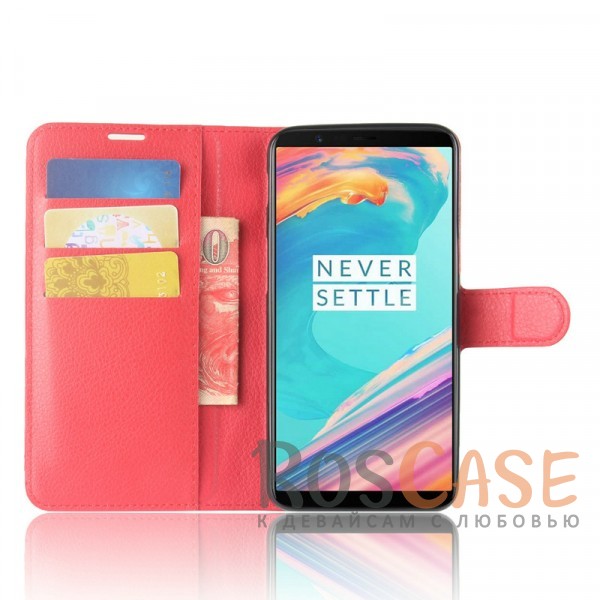 Изображение Красный Гладкий кожаный чехол-бумажник на магнитной застежке с функцией подставки и внутренними карманами для OnePlus 5T