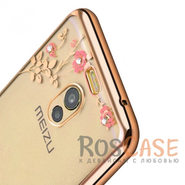Изображение Золотой / Розовые цветы Прозрачный чехол со стразами для Meizu M6 Note с глянцевым бампером