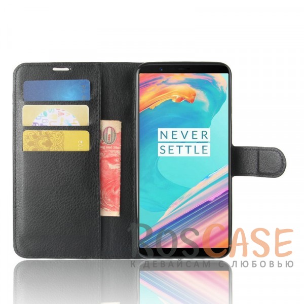 Фотография Черный Гладкий кожаный чехол-бумажник на магнитной застежке с функцией подставки и внутренними карманами для OnePlus 5T