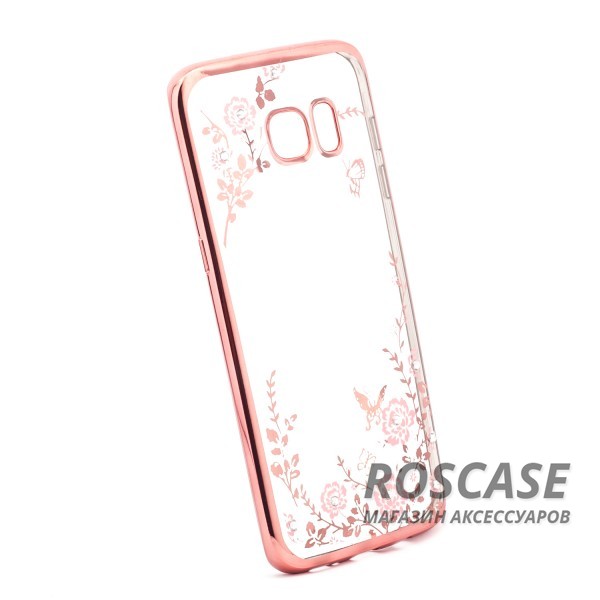 Изображение Розовый золотой/Розовые цветы Прозрачный чехол со стразами для Samsung G935F Galaxy S7 Edge с глянцевым бампером