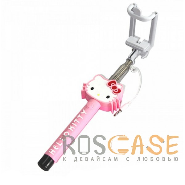 Фото Розовый S014 | Телескопический монопод для селфи с лого и прорезиненной ручкой (кабель 3,5 mini jack)