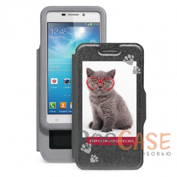 Фото Серый Gresso "Пушистики-котенок в очках" | Универсальный чехол-книжка с принтом для смартфона с диагональю 4.5-4.8 дюйма