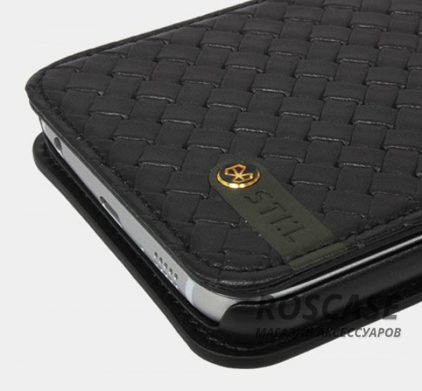 Изображение Черный Премиум чехол-книжка из натуральной кожи с плетеной обложкой STIL Spiga со слотом для хранения визиток и карт для Samsung G930F Galaxy S7 (+ карман для визиток)