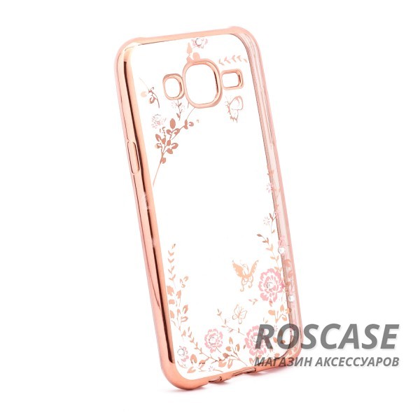 Изображение Розовый золотой/Розовые цветы Прозрачный чехол со стразами для Samsung J500H Galaxy J5 с глянцевым бампером