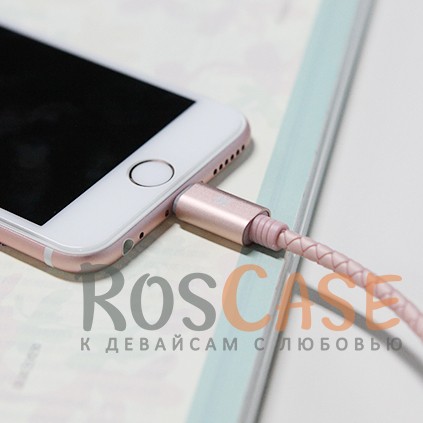 Фотография Розовый / Pink Кабель ROCK (Metal & leather) для Apple iPhone 5/5s/5c/SE/6/6 Plus/6s/6s Plus /7/7 Plus 1m