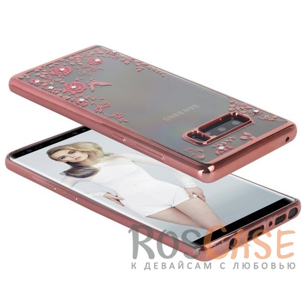 Изображение Розовый золотой/Розовые цветы Прозрачный чехол со стразами для Samsung Galaxy Note 8 с глянцевым бампером