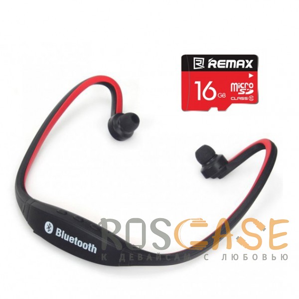 Фото Красный Комплект ZK-S9 | Спортивные беспроводные наушники bluetooth с микрофоном (слот для microSD) + Карта памяти Remax microSDHC 16 GB Card Class 10