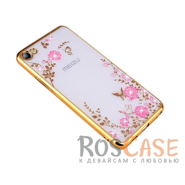 Фото Золотой / Розовые цветы Прозрачный чехол со стразами для Meizu U10 с глянцевым бампером