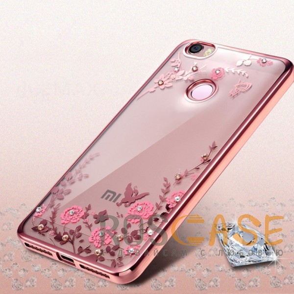 Изображение Розовый золотой/Розовые цветы Прозрачный чехол со стразами для Xiaomi Redmi 4X с глянцевым бампером
