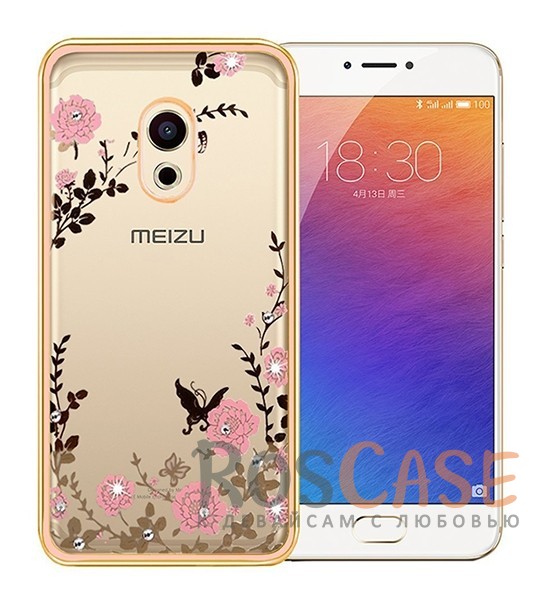 Фото Золотой / Розовые цветы Прозрачный чехол со стразами для Meizu Pro 6 с глянцевым бампером