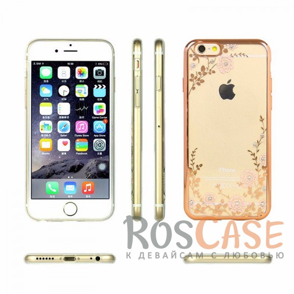 Фотография Золотой / Розовые цветы Прозрачный чехол со стразами для Apple iPhone 6 plus (5.5")  / 6s plus (5.5") с глянцевым бампером
