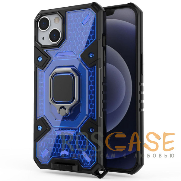 Фото Синий Honeycomb Armor | Противоударный чехол с защитой камеры и кольцом для iPhone 13 Mini