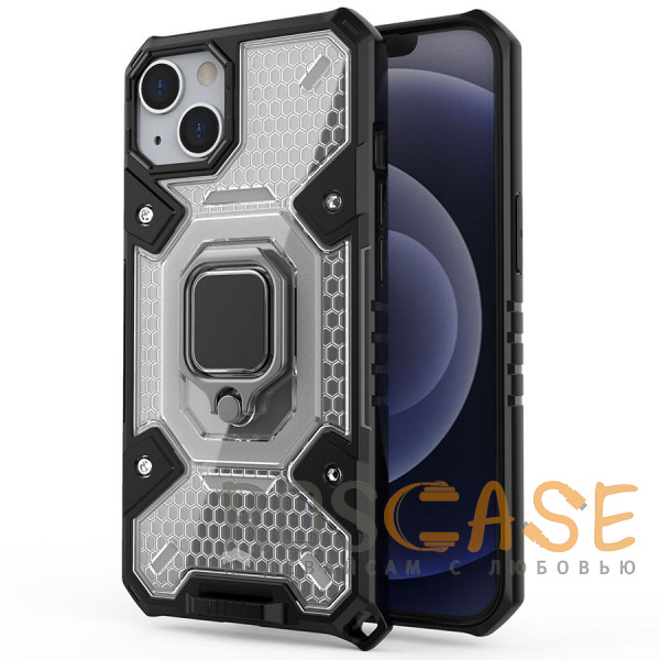 Фото Черный Honeycomb Armor | Противоударный чехол с защитой камеры и кольцом для iPhone 13 Mini