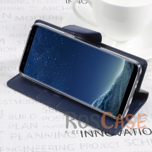 Фотография Синий Стильный гладкий кожаный чехол-книжка на магнитной застежке Mercury Bravo Diary с функцией подставки и кармашками под карты для Samsung G955 Galaxy S8 Plus