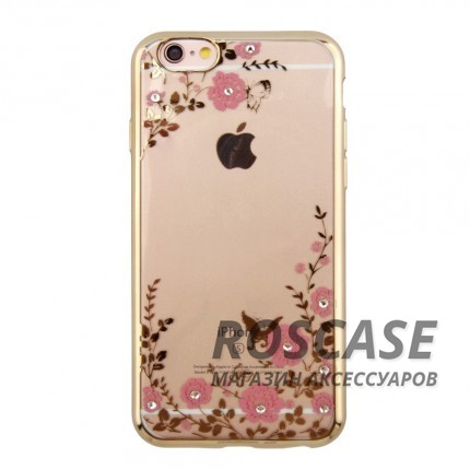 Фото Золотой / Розовые цветы Прозрачный чехол со стразами для Apple iPhone 6/6s (4.7") с глянцевым бампером