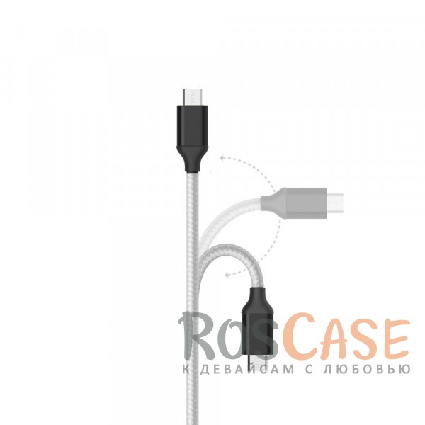 Фотография Белый / Серебряный Комплект автомобильное зарядное устройство в металлическом корпусе + дата кабель в текстильной оплетке USB to MicroUSB