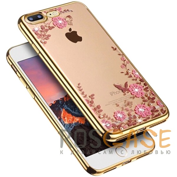 Фото Золотой / Розовые цветы Прозрачный чехол со стразами для iPhone 7 Plus / 8 Plus с глянцевым бампером