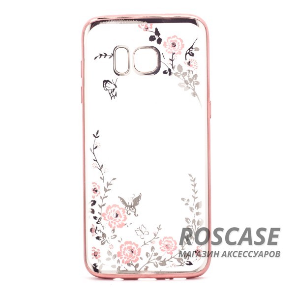 Изображение Розовый золотой/Розовые цветы Прозрачный чехол со стразами для Samsung G935F Galaxy S7 Edge с глянцевым бампером