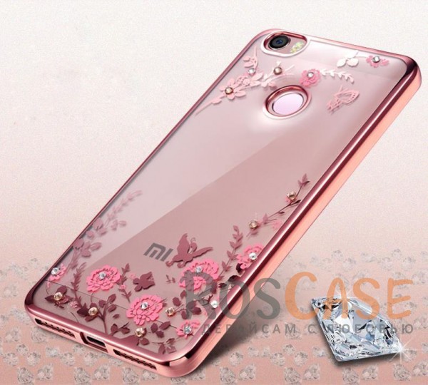 Фотография Розовый золотой/Розовые цветы Прозрачный чехол со стразами для Xiaomi Mi Max с глянцевым бампером