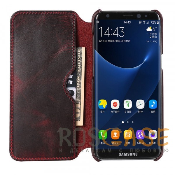 Фотография Премиальный матовый чехол-книжка из натуральной кожи с металлическими заклепками и внутренним карманом для Samsung G950 Galaxy S8 (Бордовый) (Уценка)