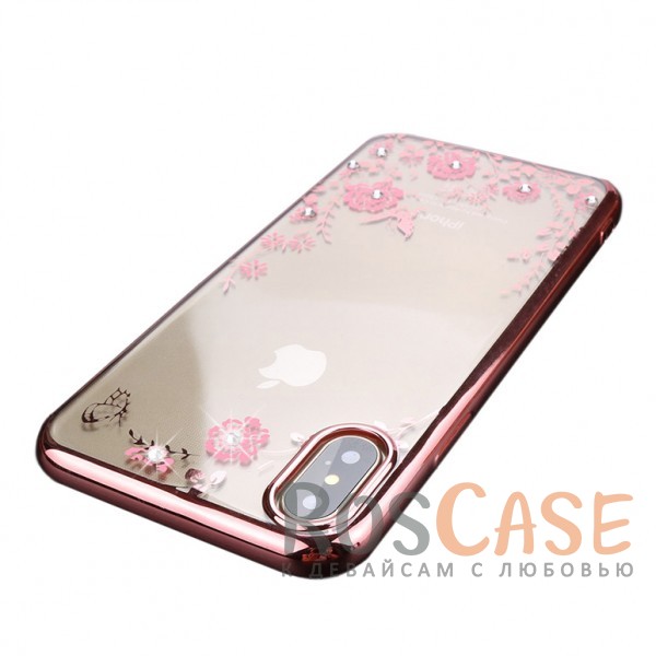 Изображение Розовый золотой/Розовые цветы Прозрачный чехол со стразами для iPhone X / XS с глянцевым бампером