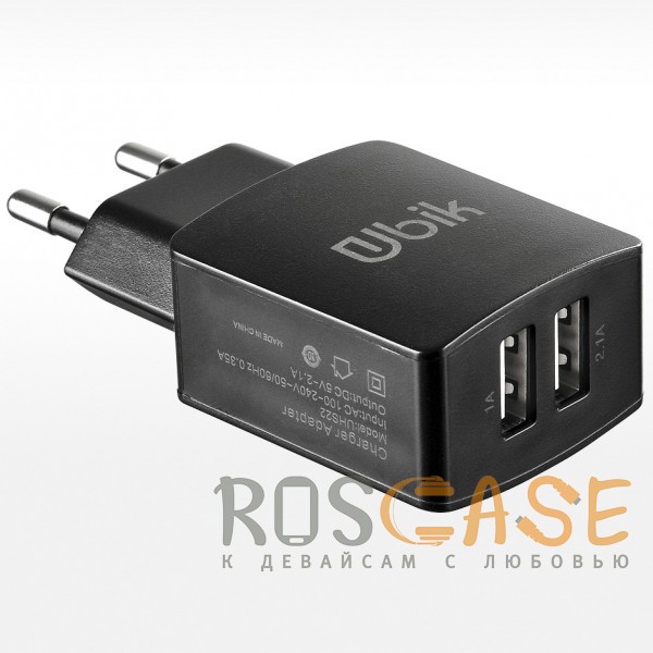 Фото Черный Ubik | Сетевое зарядное устройство с двумя USB разъемами (2.1A)