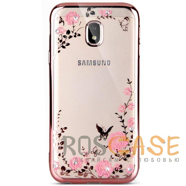 Фотография Розовый золотой/Розовые цветы Прозрачный чехол со стразами для Samsung J730 Galaxy J7 (2017) с глянцевым бампером