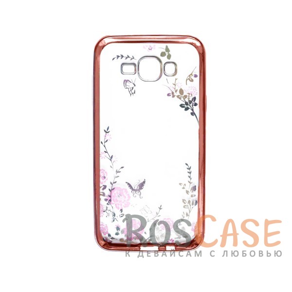 Фотография Розовый золотой/Розовые цветы Прозрачный чехол со стразами для Samsung J500H Galaxy J5 с глянцевым бампером