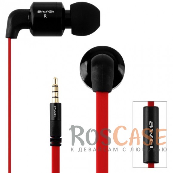 Фото Красный Модные вакуумные наушники AWEI ES600i с плоским кабелем и микрофоном
