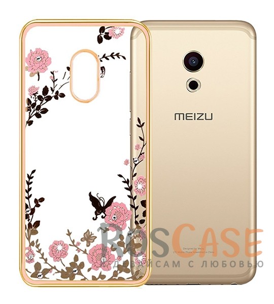 Фотография Золотой / Розовые цветы Прозрачный чехол со стразами для Meizu Pro 6 с глянцевым бампером