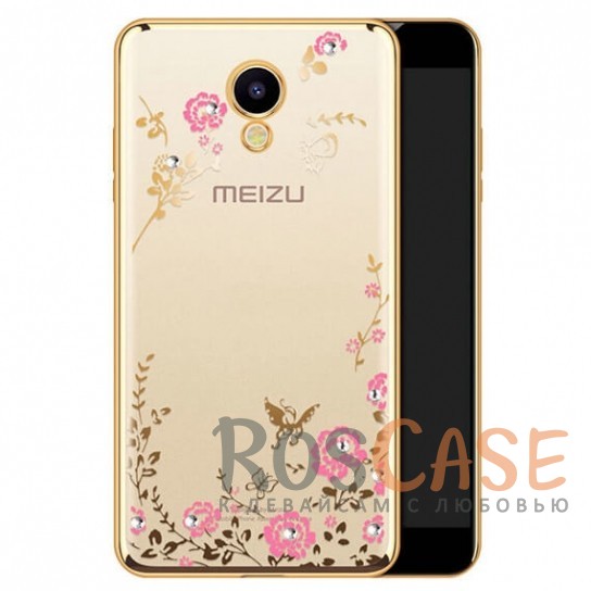 

Прозрачный чехол с цветами и стразами для Meizu M5s с глянцевым бампером (Золотой/Розовые цветы)