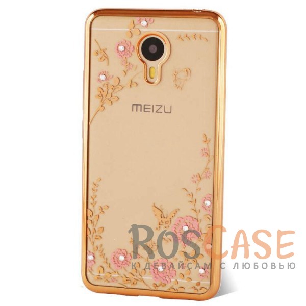 Фото Золотой / Розовые цветы Прозрачный чехол со стразами для Meizu M3 Max с глянцевым бампером