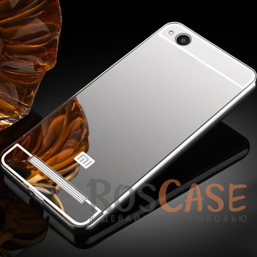 Фото Серебряный Металлический бампер для Xiaomi Redmi 4a с зеркальной вставкой