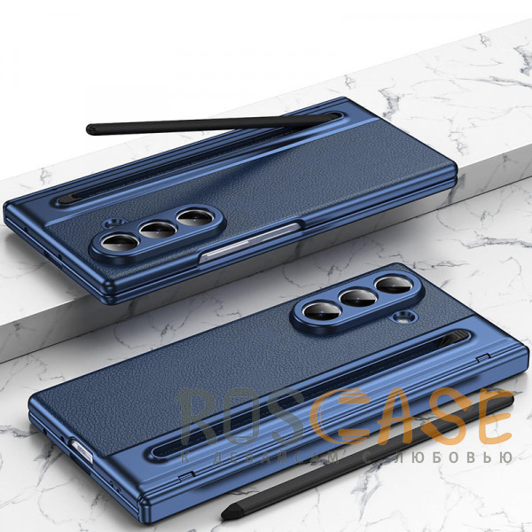 Фотография Темно-синий Чехол 3D с кожаной вставкой и стилусом для Samsung Galaxy Z Fold 8 Ultra