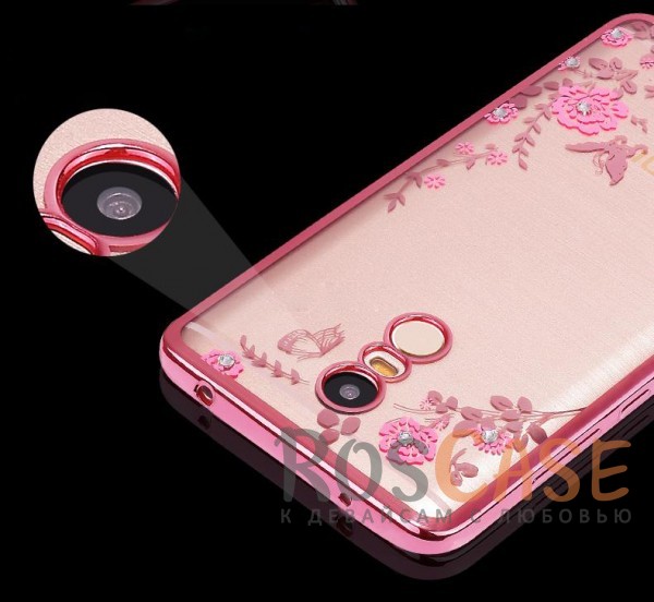 Фотография Розовый золотой/Розовые цветы Прозрачный чехол со стразами для Xiaomi Redmi Note 4 (MTK) с глянцевым бампером