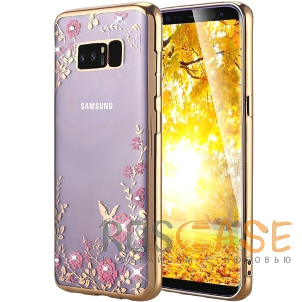 Фото Золотой / Розовые цветы Прозрачный чехол со стразами для Samsung Galaxy Note 8 с глянцевым бампером