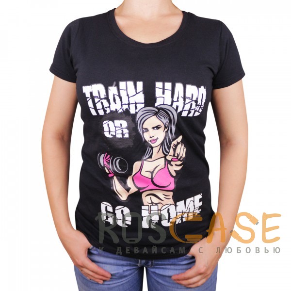 Фото Черный Muscle Rabbit | Женская футболка с принтом "Train hard"