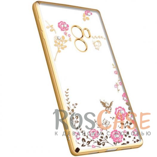 Фотография Золотой / Розовые цветы Прозрачный чехол со стразами для Xiaomi Mi Mix с глянцевым бампером