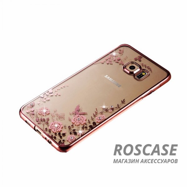 Фотография Розовый золотой/Розовые цветы Прозрачный чехол со стразами для Samsung G925F Galaxy S6 Edge с глянцевым бампером
