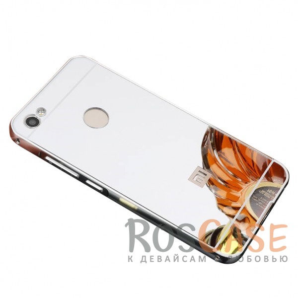 Изображение Серебряный Металлический чехол бампер для Xiaomi Redmi Note 5A Prime / Y1 с зеркальной вставкой