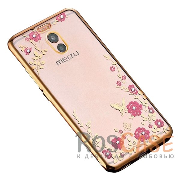 Фото Золотой / Розовые цветы Прозрачный чехол со стразами для Meizu M6 Note с глянцевым бампером