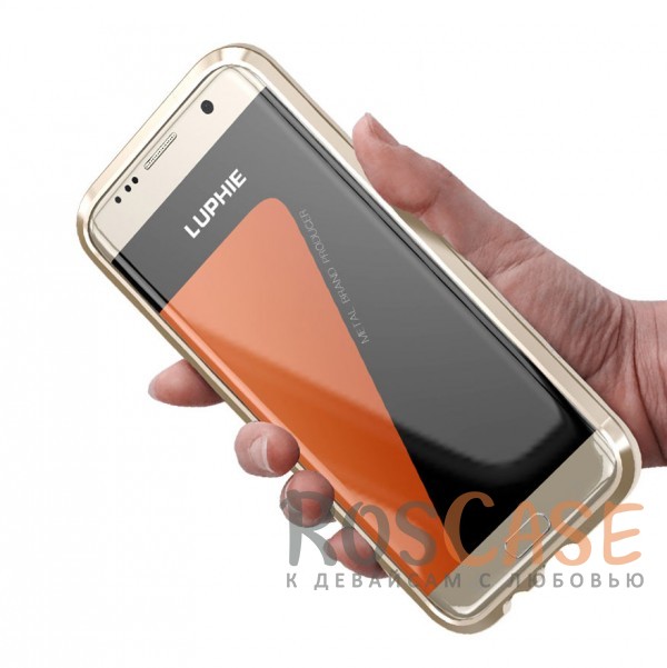 Изображение Золотой / Коричневый Двухцветный прочный алюминиевый бампер LUPHIE Sword для Samsung G935F Galaxy S7 Edge +наклейка из кожи на з.панель