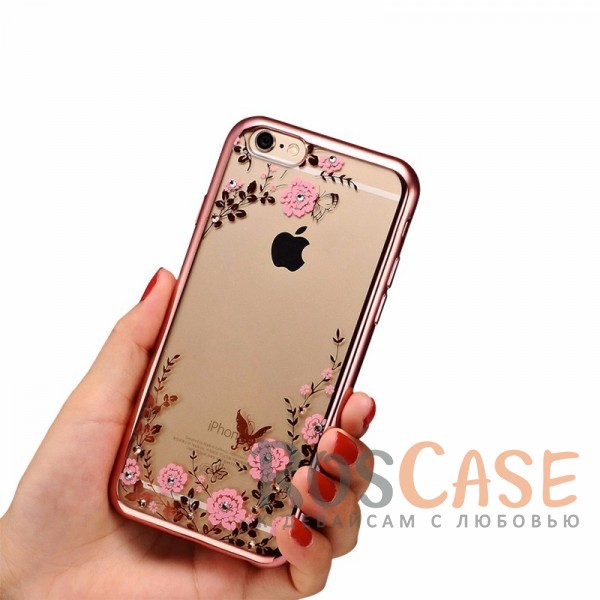 Изображение Розовый золотой/Розовые цветы Прозрачный чехол со стразами для Apple iPhone 6 plus (5.5")  / 6s plus (5.5") с глянцевым бампером