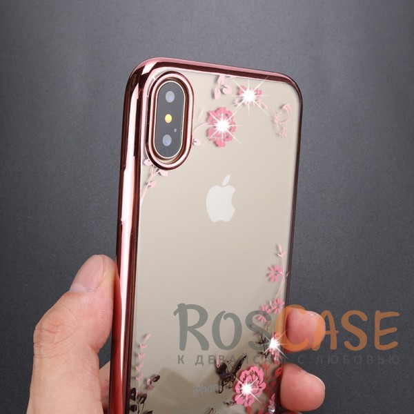 Фотография Розовый золотой/Розовые цветы Прозрачный чехол со стразами для iPhone X / XS с глянцевым бампером