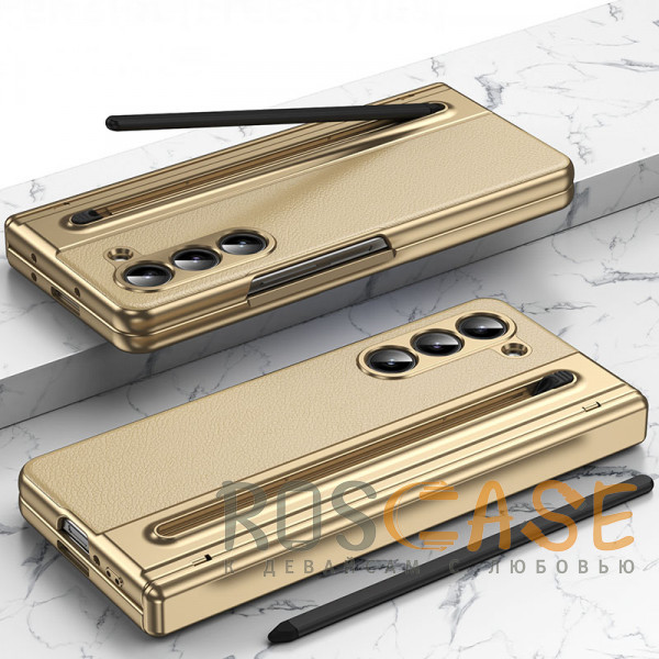 Фотография Золотой Чехол 3D с кожаной вставкой и стилусом для Samsung Galaxy Z Fold 5